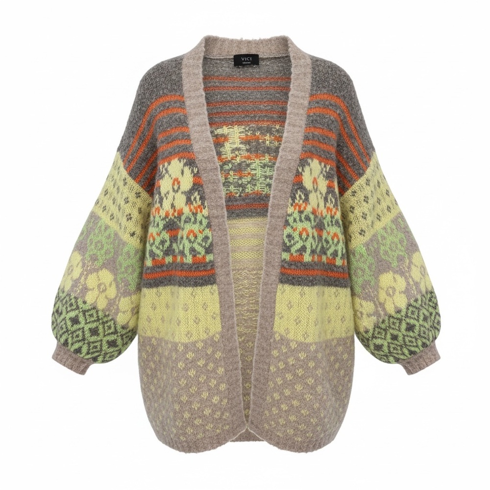 VICI Open-Front Fair Isle Cardigan in Gray, Yellow-Green and Orange